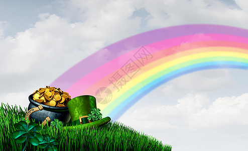 壶黄金彩虹帕特里克日的末尾 绿色的三叶草田野个金色的麻雀宝藏上 春天爱尔兰庆祝的运气与3d插图元素的象征高清图片下载 正版图片 摄图网