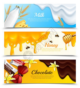 三个水平黏液飞溅的斑点滴现实的横幅牛奶蜂蜜巧克力标题矢量插图图片