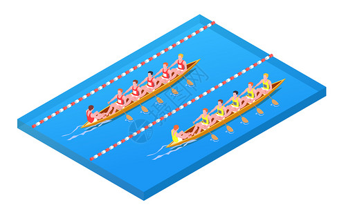 水运动等距成与两个队参加比赛的独木舟矢量插图图片