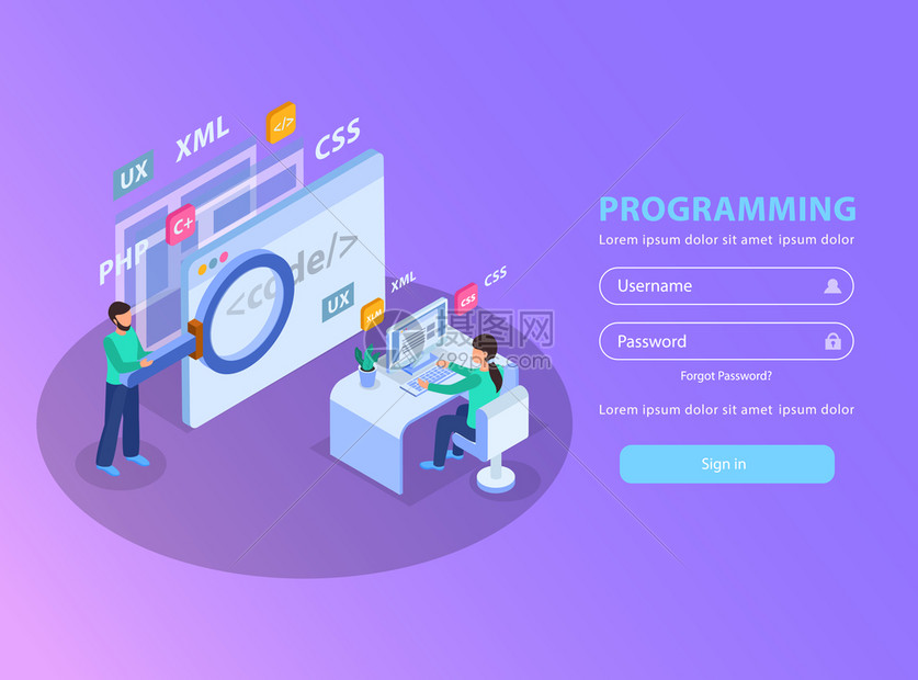 网页开发等距背景标志页与图像字段的登录密码矢量插图图片