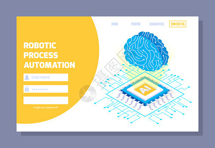 机器人过程自动化等距网站登录页与可点击链接图像的处理器大脑矢量插图图片