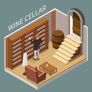 人地窖中选择瓶葡萄酒等距成三维矢量插图图片