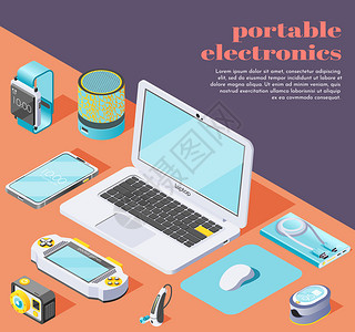 便携式电子等距背景与计算机鼠标闪存驱动器笔记本电脑智能手机电源库健身手镯血氧仪动作相机图标位于表矢量插图图片