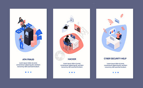 网络安全等距垂直横幅ATM欺诈黑客攻击图标三维孤立矢量插图背景图片