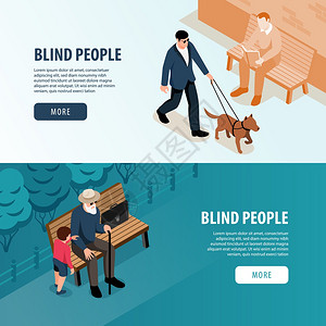盲人户外2等距水平网页横幅与孙子的帮助引导狗步行矢量插图图片