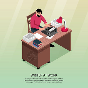 作家工作中的等距构图与传统的工作场所属,书桌,打字机书籍,纸堆,海报矢量插图图片