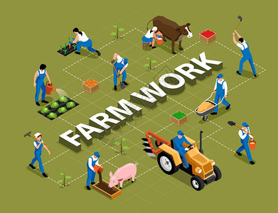 农场工作农业职责工具机械等距流程图与挤奶牛喂猪耙土矢量插图图片