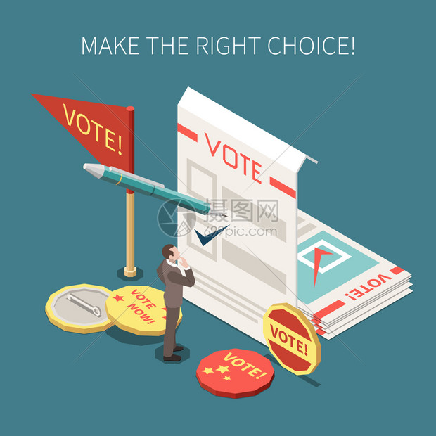 选举投票广告海报与选票,难忘的章,并希望作出正确的选择等距矢量插图图片