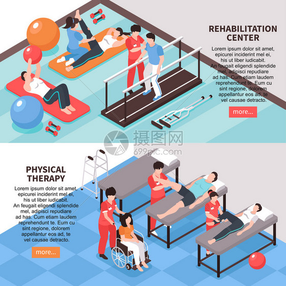 两个等距康复理疗水平横幅与图像可编辑文本,并阅读更多按钮矢量插图图片