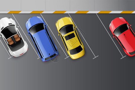 汽车顶部的真实构图与停车位标记沥青表五颜六色的机动车矢量插图背景图片