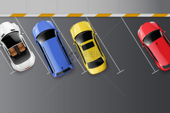 汽车顶部的真实构图与停车位标记沥青表五颜六色的机动车矢量插图图片