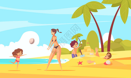 海滩家庭假日作文与夏季景观人物的孩子与父母沙滩矢量插图图片