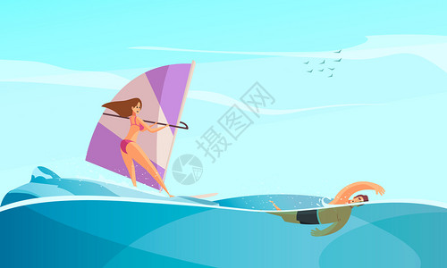 海滩水上运动构图与开阔的海景冲浪女子游泳男子矢量插图的特点图片