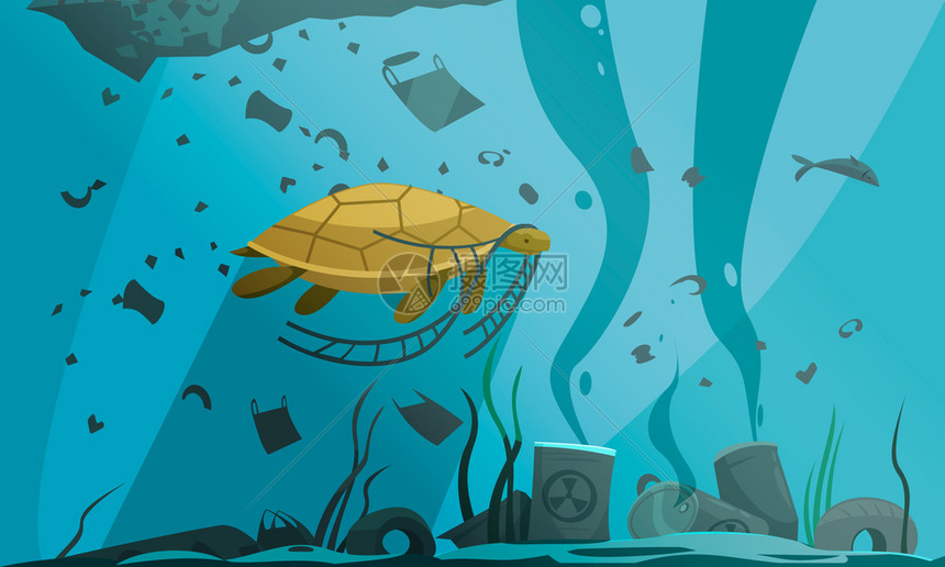 自然水污染成分与水下风景海龟游泳颗粒污垢废物矢量插图插画图片下载