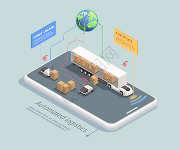 运输等距与遥控机器人装载货物卡车自动驾驶三维矢量插图图片