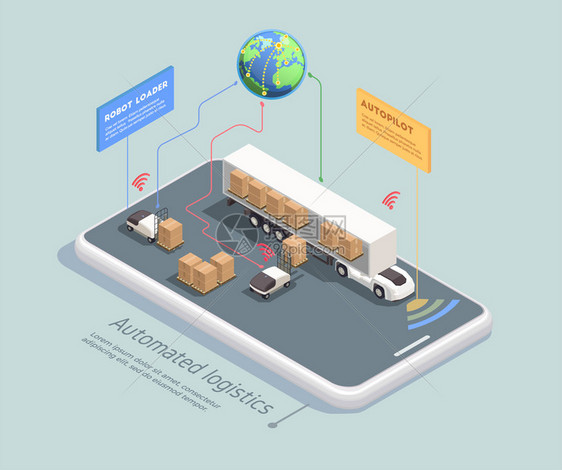 运输等距与遥控机器人装载货物卡车自动驾驶三维矢量插图图片