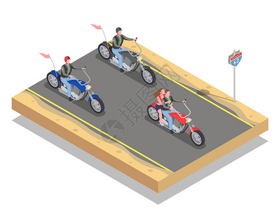 等距构图与男女骑着五颜六色的摩托车三维矢量插图图片