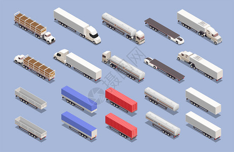 等距彩色图标与货物运输卡车拖车隔离蓝色背景三维矢量插图图片