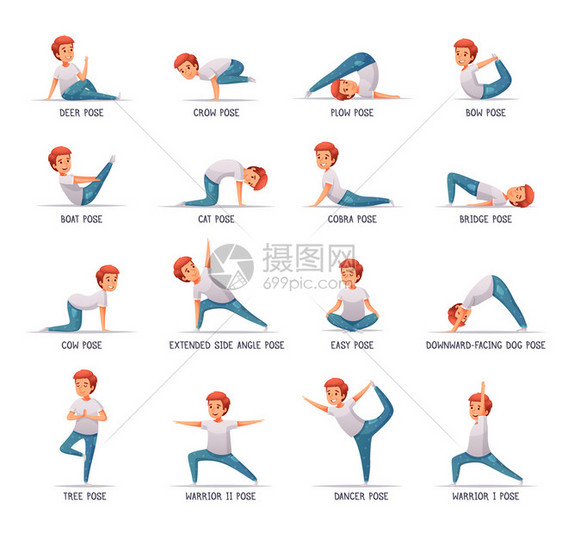 儿童瑜伽图标与姿势符号卡通孤立矢量插图图片