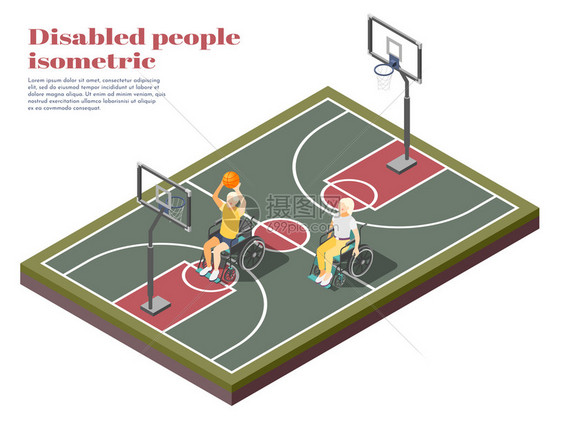 残疾人等距成与两个残疾人轮椅上打篮球操场矢量插图图片