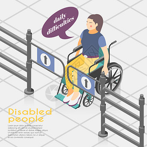 残疾人困难等距背景构图与轮椅绑定妇女无法打开入口大门矢量插图图片