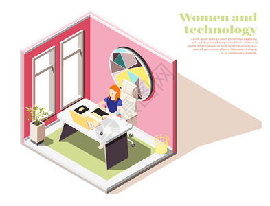 妇女技术等距成与轻女孩工作场所办公室内部矢量插图图片