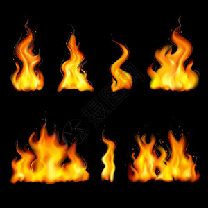 真实的火焰与同的形状隔离颜色黑色背景矢量插图图片