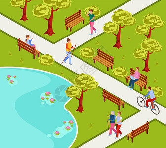 城市公园等距构图与人们北欧步行自行车阅读工作笔记本电脑上的长凳矢量插图图片