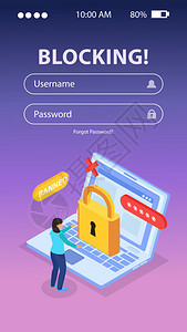 互联网阻塞等距背景成与禁止用户笔记本电脑与锁定登录移动屏幕矢量插图背景图片