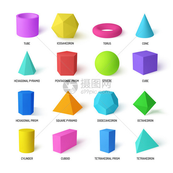 基本立体测量形状逼真的彩色四体六角棱镜十体十体方形金字塔孤立矢量插图图片