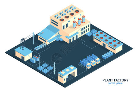 等距工业工厂成与可编辑文本范围的工厂建筑与货车矢量插图背景图片
