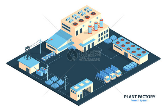 等距工业工厂成与可编辑文本范围的工厂建筑与货车矢量插图图片