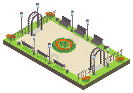 等距城市公园成与公共花园与长凳,花坛灯栅栏矢量插图背景图片