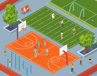 学校运动场等距背景与教练训练学生篮球地矢量插图图片