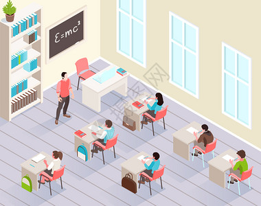 老师电脑学校教室等距背景,学生坐课桌前听老师站黑板矢量插图附近插画