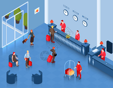 招商入住等距酒店大厅成与室内景观大堂与接待处等待座位人矢量插图