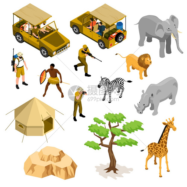 等距彩色图标与狩猎车,男子与支相机,部落野生动物隔离白色背景的三维矢量插图图片