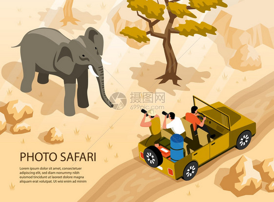 人们Safari汽车上拍摄大象三维等距矢量插图的照片图片