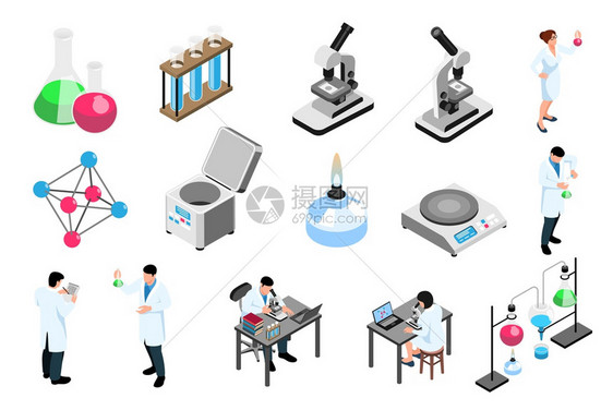 科学家制药实验室设备等距图标白色背景三维矢量插图上图片