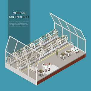 现代温室等距与农业设备符号矢量插图图片