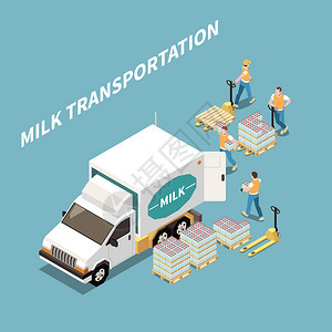 牛奶运输物流与乳制品符号等距矢量图图片