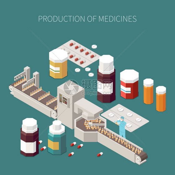 药物生产与药物治疗符号等距矢量插图图片