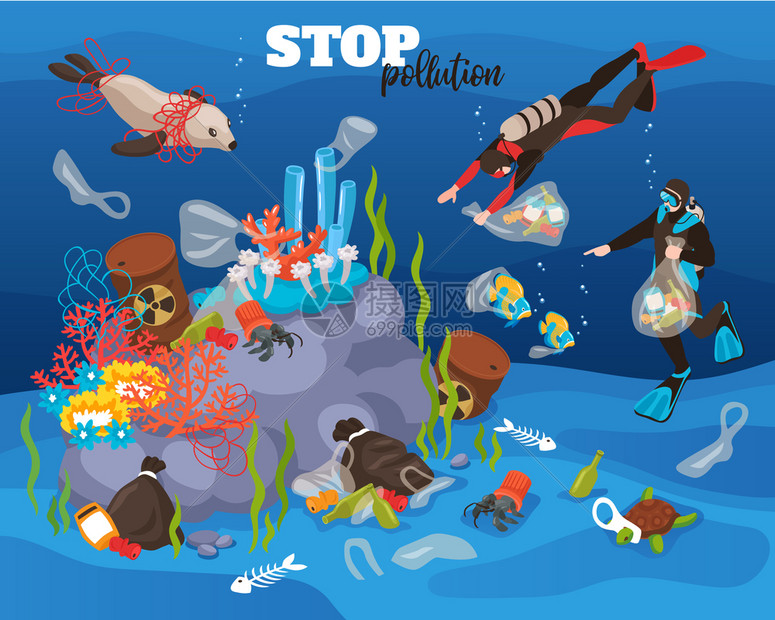 停止水污染水下背景与潜水员清洗小垃圾海底等距矢量插图图片