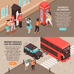 游客伦敦的水平横幅与观光旅游地标等距矢量插图的信息图片