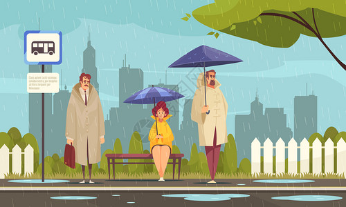 爆炸元素人们穿着大衣公共汽车站等雨伞下,雨天,平构图,城市景观背景矢量插图插画