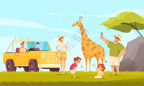 越野驾驶狩猎冒险平构图与轻的家庭与孩子制作长颈鹿照片矢量插图图片
