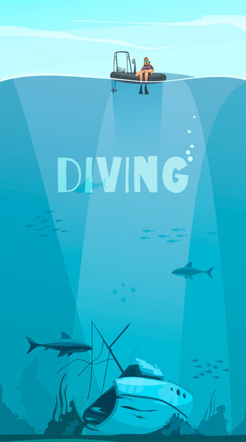 潜水员探索海难深处的海洋平漫画风格的构图与水下背景矢量插图图片