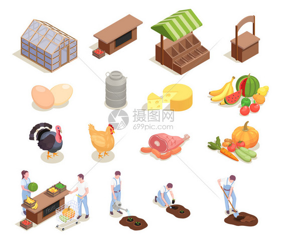 与当地农场市场等距图标,人类特征的农民家禽食品产品矢量插图图片