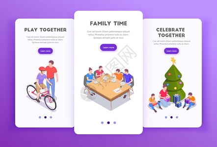 商务培训家庭假日等距三个垂直横幅与页开关按钮,可编辑文本图像矢量插图插画
