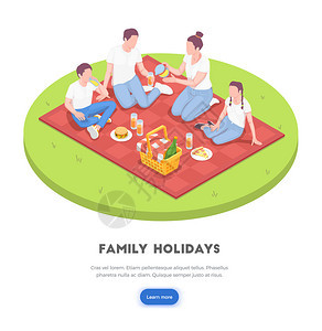 家庭假日等距背景与可点击学更多按钮文本圆形构图的图像矢量插图图片